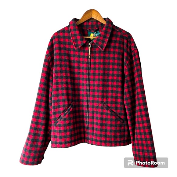 J Crew Men’s Buffalo Plaid Red & Black Wool Blend Full Front Zip Jacket EUC SZ L - Picture 1 of 16